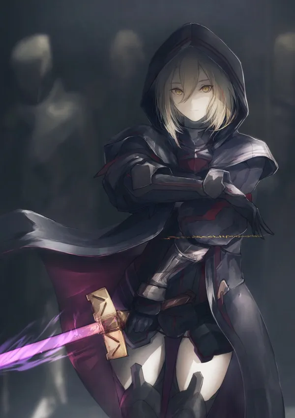 Girl with yellow eyes and a purple sword stands in the shadows