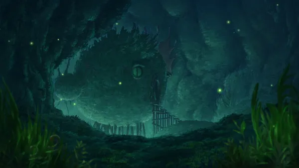 Glowing mushrooms in a forest at night with a spirit dwelling