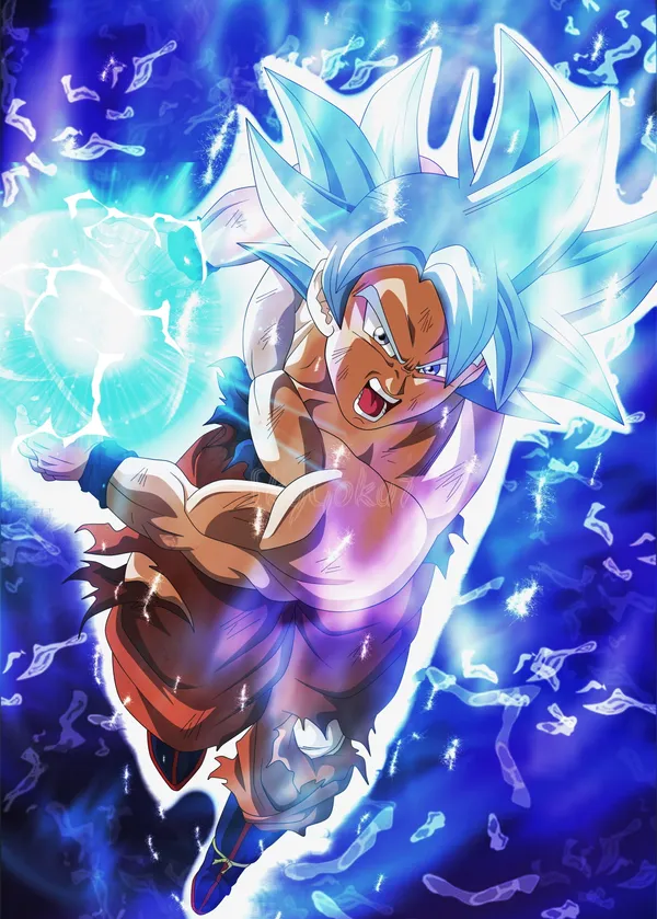 Goku, a character from Dragon Ball Super, is shown here in his Super Saiyan Blue