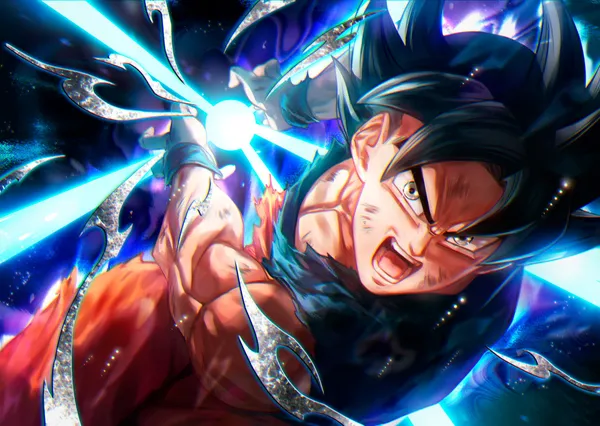 Goku from Dragon Ball Super using his signature move, the Kamehameha