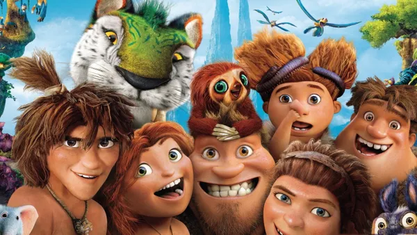 Group of animated cavemen and animals