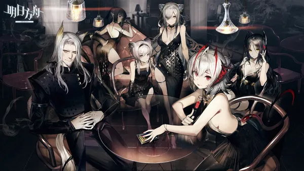 Group of anime characters in evening wear are sitting around a table