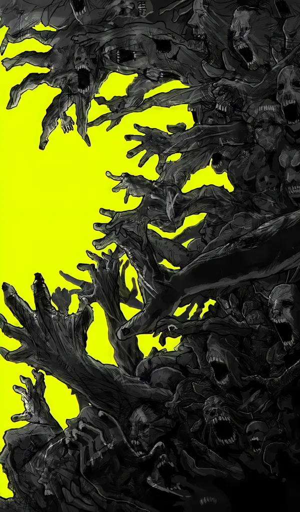 Horde of dark, skeletal hands reaching out from a yellow background