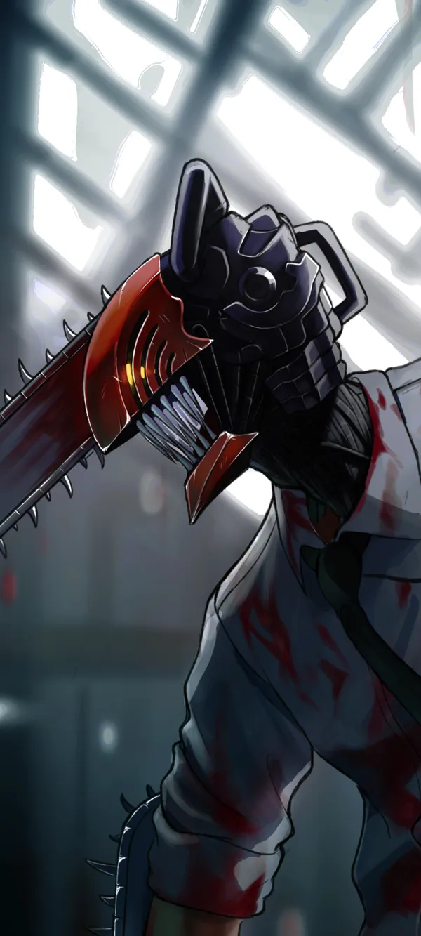 Illustration of a chainsaw-wielding man with a bloody uniform
