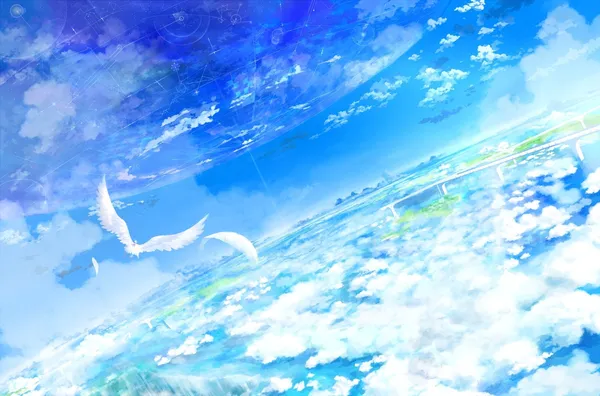 Illustration of a fantasy world with floating islands and a blue sky