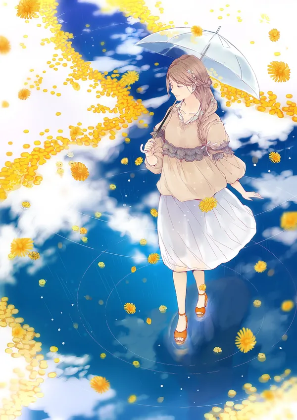 Illustration of a girl holding an umbrella and walking on a lake