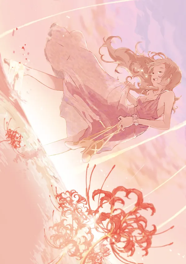 Illustration of a girl in a pink dress jumping over red spider lilies