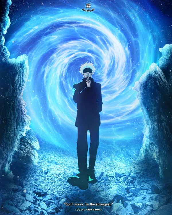 Illustration of a man in a black suit and blindfold stands in a blue vortex