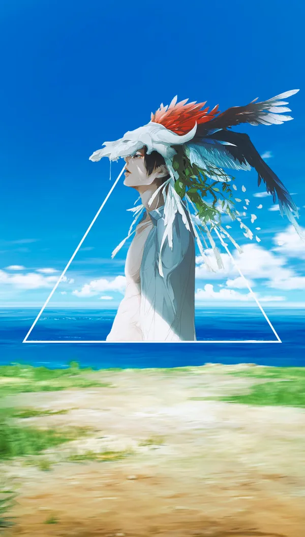 Illustration of a man with a skull mask standing in front of the ocean