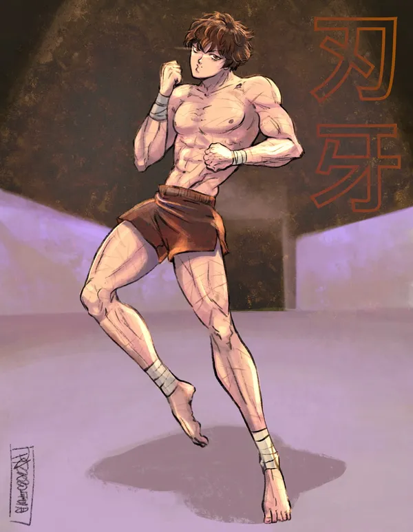 Illustration of a muscular man with scars and bandages on his body