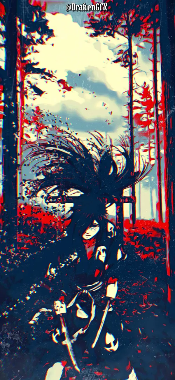 Illustration of a samurai in a red forest