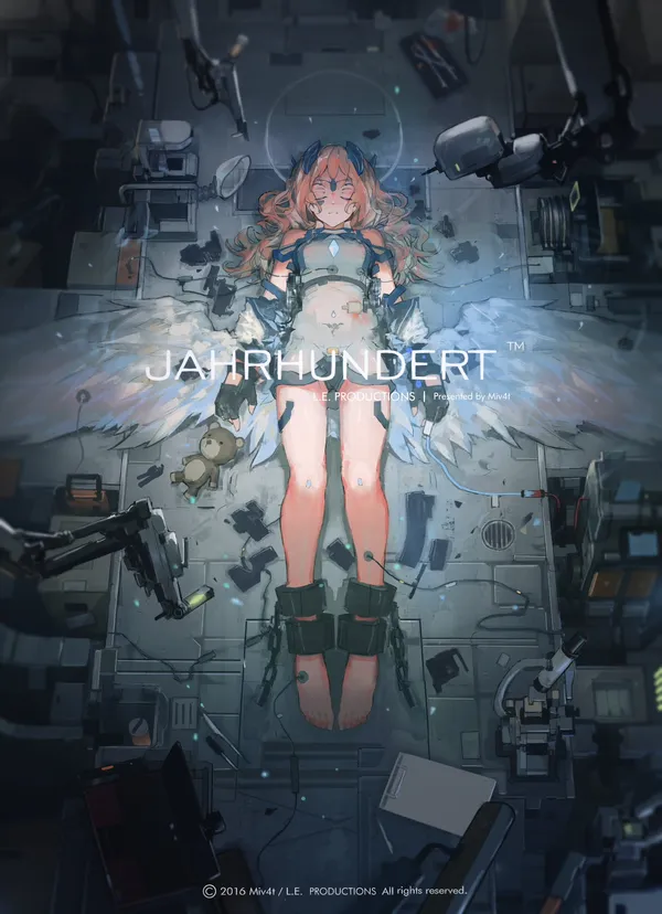 Injured anime girl with angel wings lies on a table in a dimly lit room