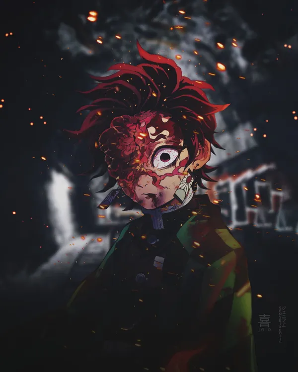 Injured Tanjiro looks on in a destroyed setting