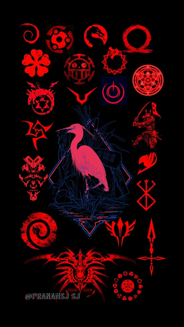 It is a black background with red and blue symbols from various anime and video