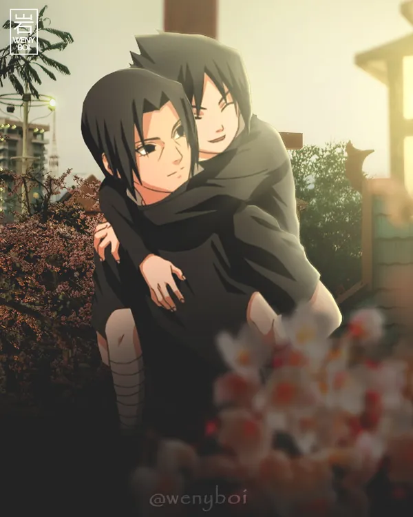 Itachi is carrying Sasuke on his back through a park
