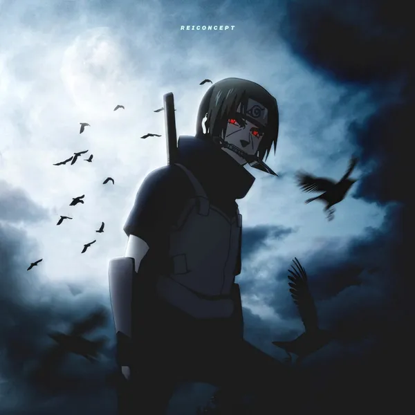 Itachi Uchiha from the anime Naruto stands in a dark, cloudy sky with crows flying