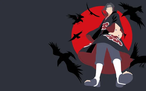 Itachi Uchiha from the anime Naruto, with a red moon in the background and crows