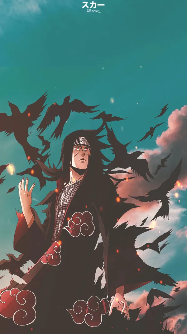 Itachi Uchiha from the anime Naruto, with crows flying around him