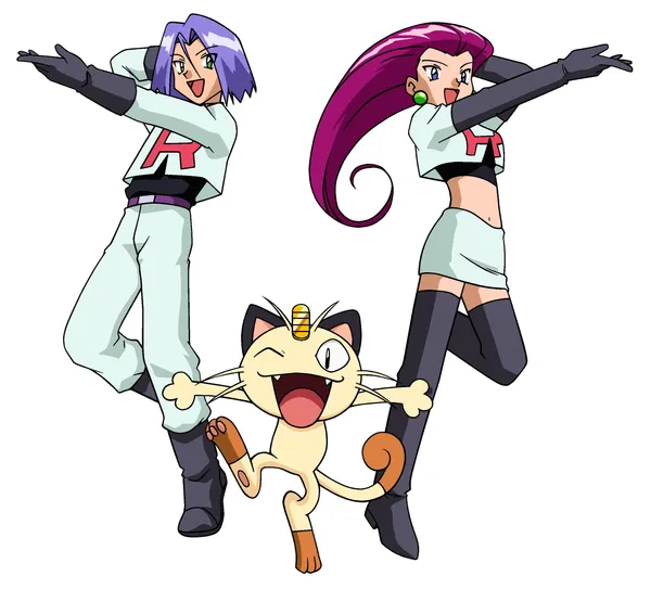 James, Jessie, and Meowth from Team Rocket in Pokémon