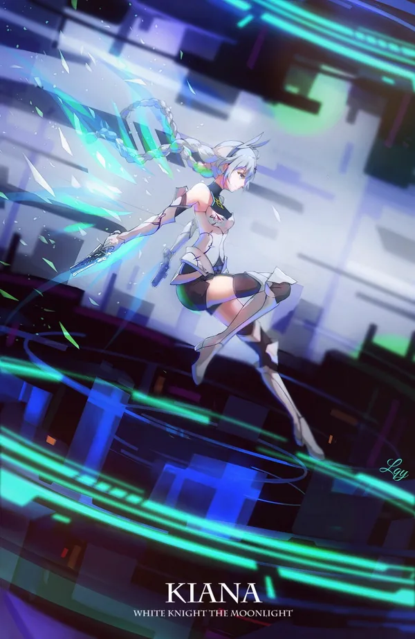 Kiana, a white-haired anime girl, is posing in a futuristic setting