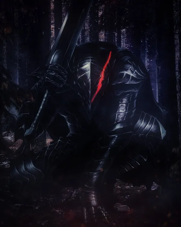 Knight in black armor is kneeling in a dark forest