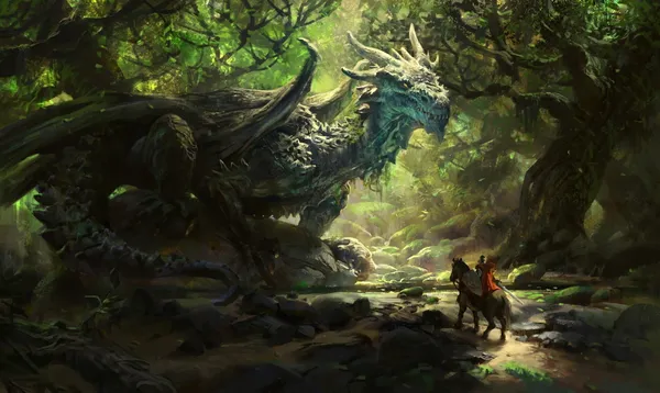 Knight on a horse encounters a dragon in a dense forest