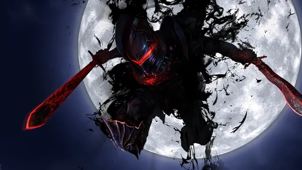 Knight with red and black armor is jumping in front of a moon