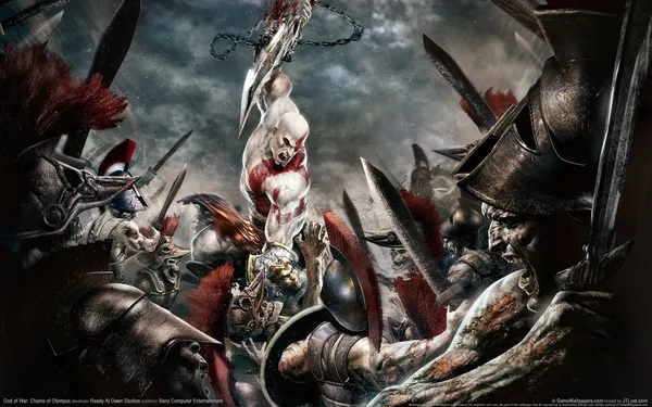 Kratos fighting against an army of undead warriors