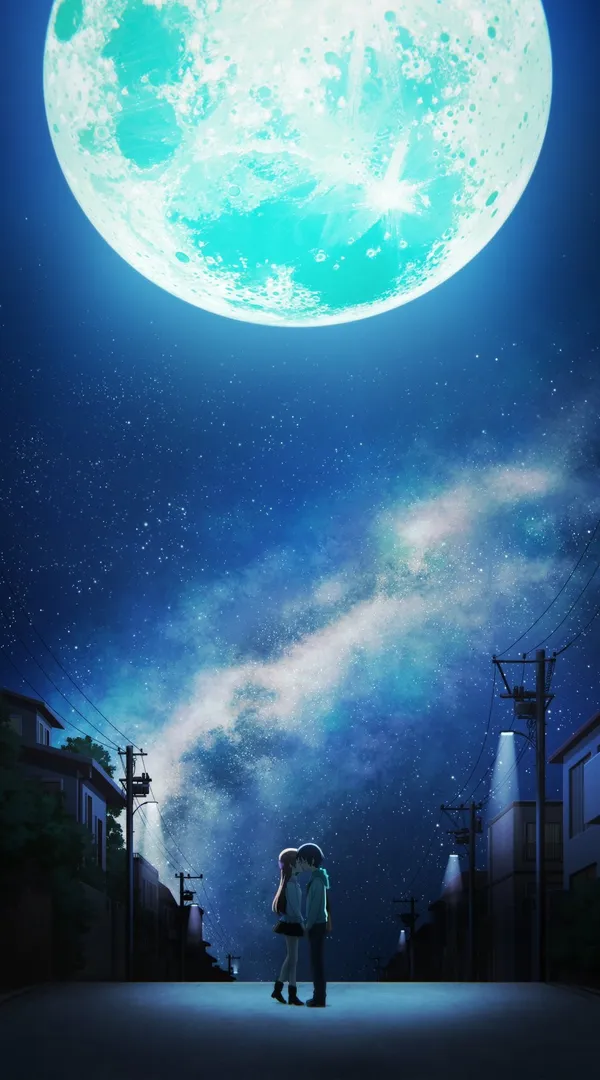Large blue moon hangs over a small town at night