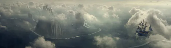 Large rock formations extend into the sky above a foggy landscape