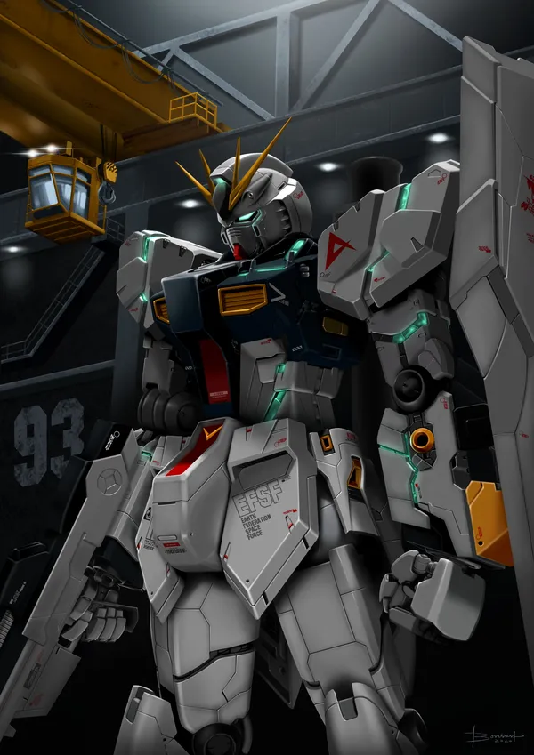 Large white and gray mech stands in a dark hangar