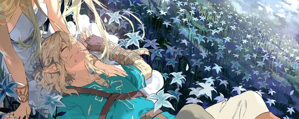 Link lying in a field of flowers with a hand on his head