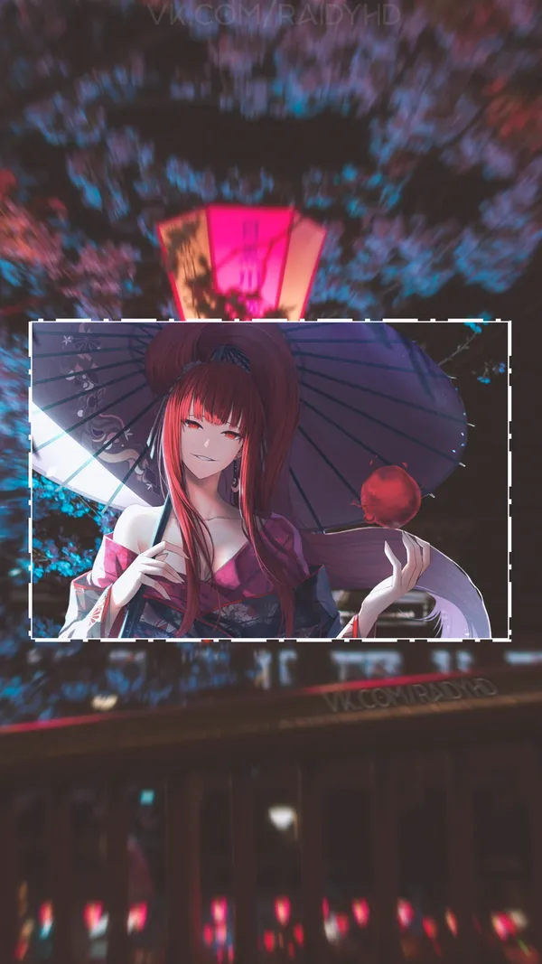 Long-haired anime girl holding a red apple under a pink street lamp