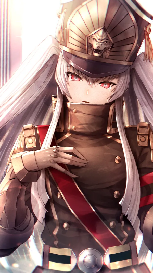 Long-haired anime girl with red eyes wearing a military uniform with a red sash