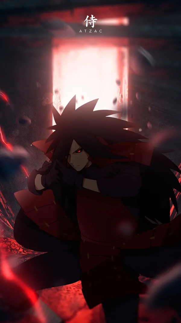 Madara Uchiha, a character from the anime Naruto, is using his Mangekyo Sharingan