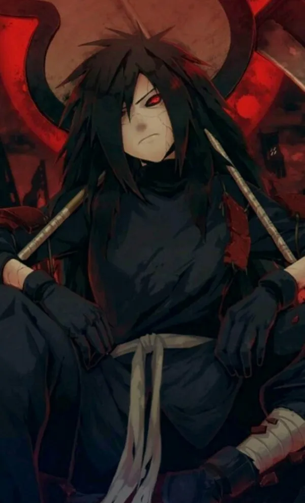 Madara Uchiha sits on a throne with his weapons