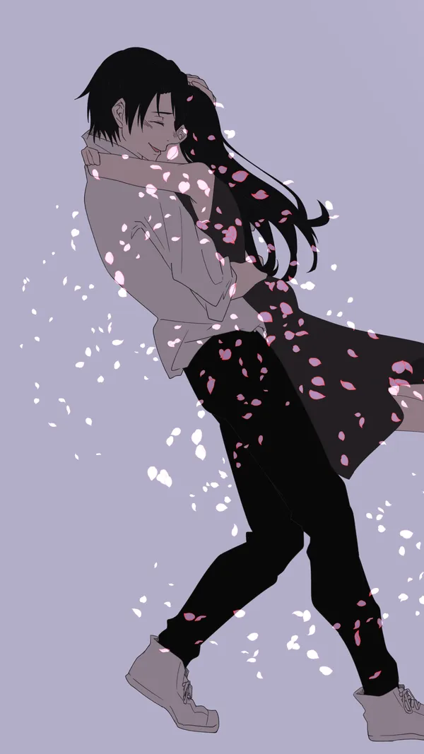 Man and woman are dancing while cherry blossom petals fall around them