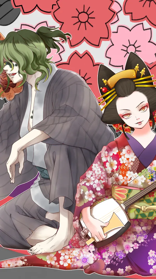 Man and woman are sitting on the ground. The man is wearing a kimono and
