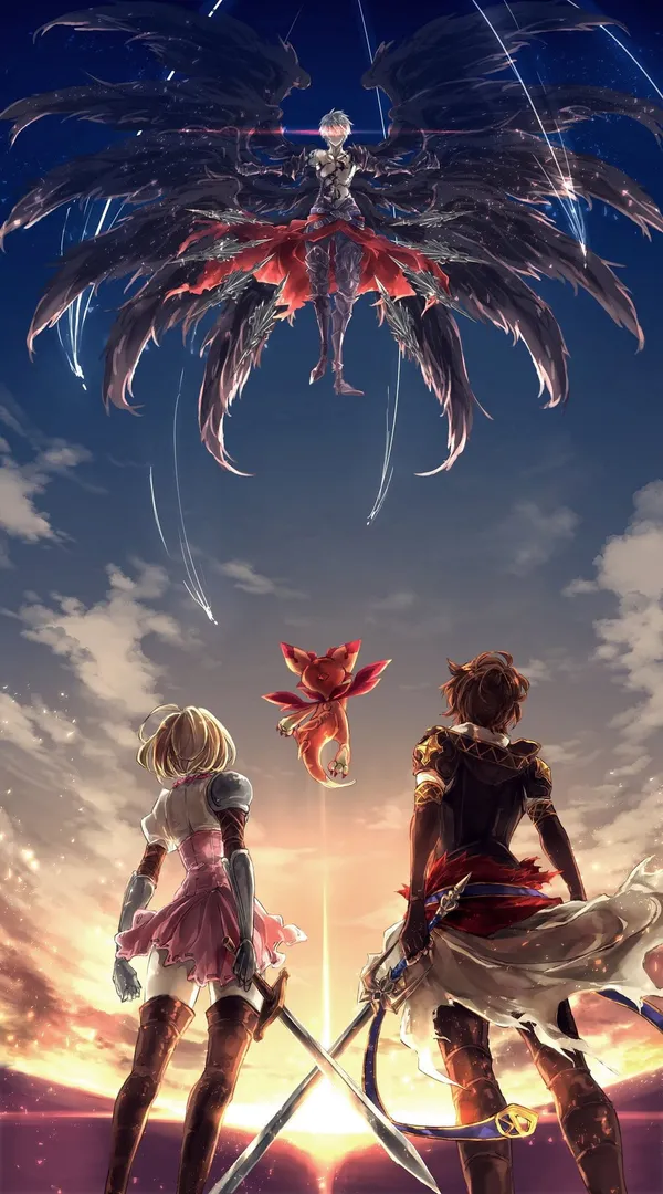 Man and woman with swords facing off against a person with wings
