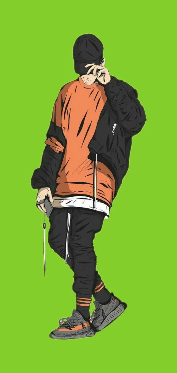 Man wearing a hat, jacket, and sneakers is holding his phone