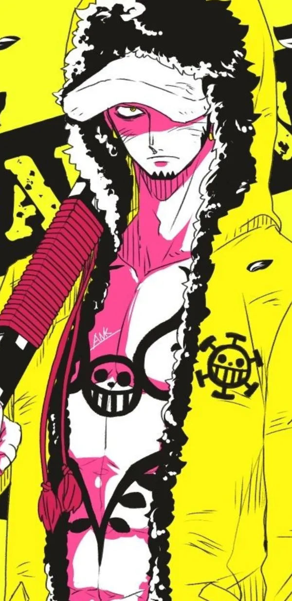 Man with a Jolly Roger on his chest and a yellow jacket