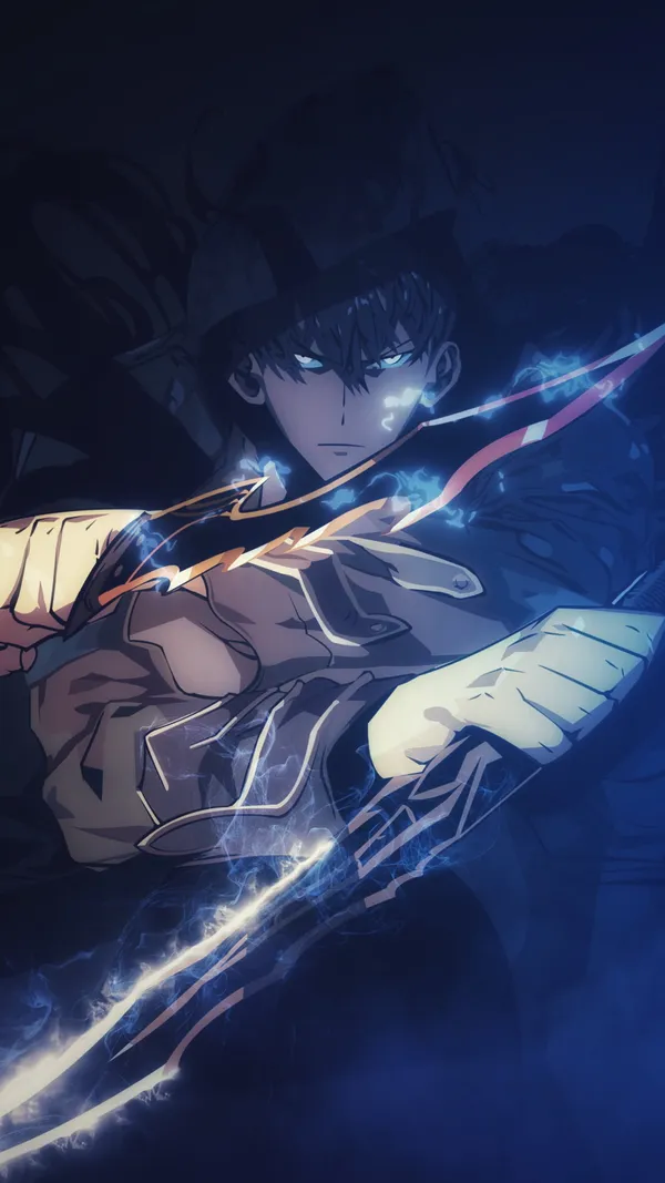 Man with dark hair and blue eyes holding two swords
