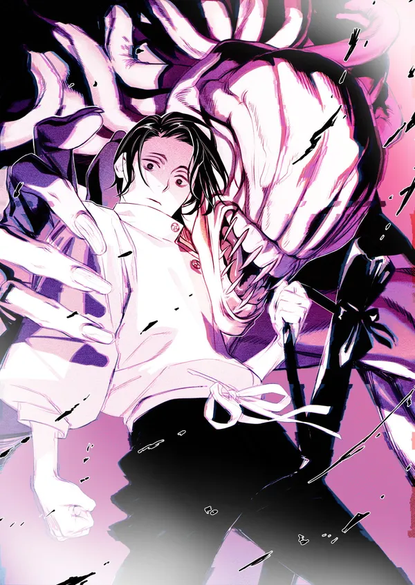 Man with dark hair and purple eyes is fighting a large monster with sharp teeth