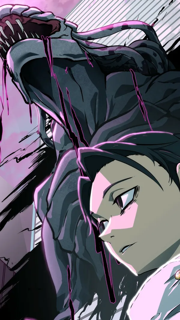 Man with dark hair and purple eyes looking at a monster