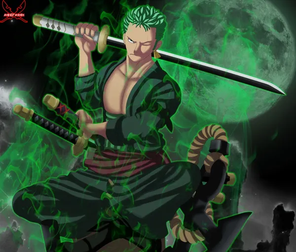 Man with green hair and a sword is sitting on an anchor