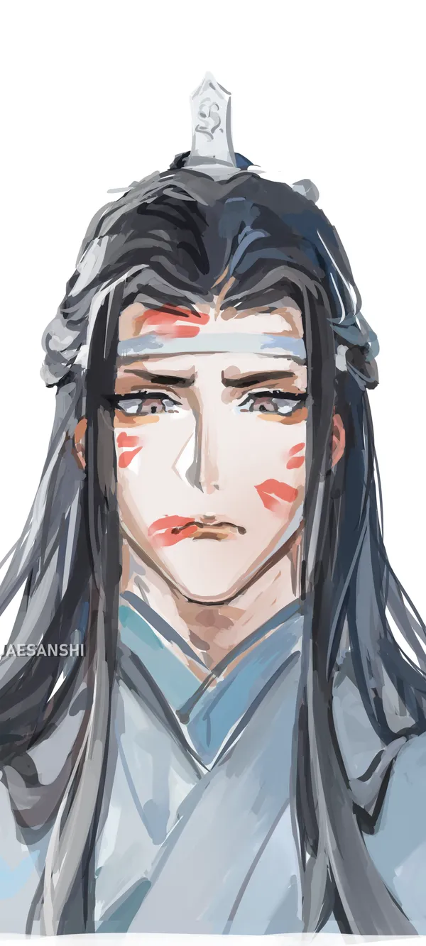 Man with long black hair and red face paint