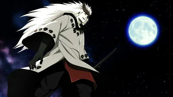 Man with long white hair and black eyes is standing on a cliff.
The full moon