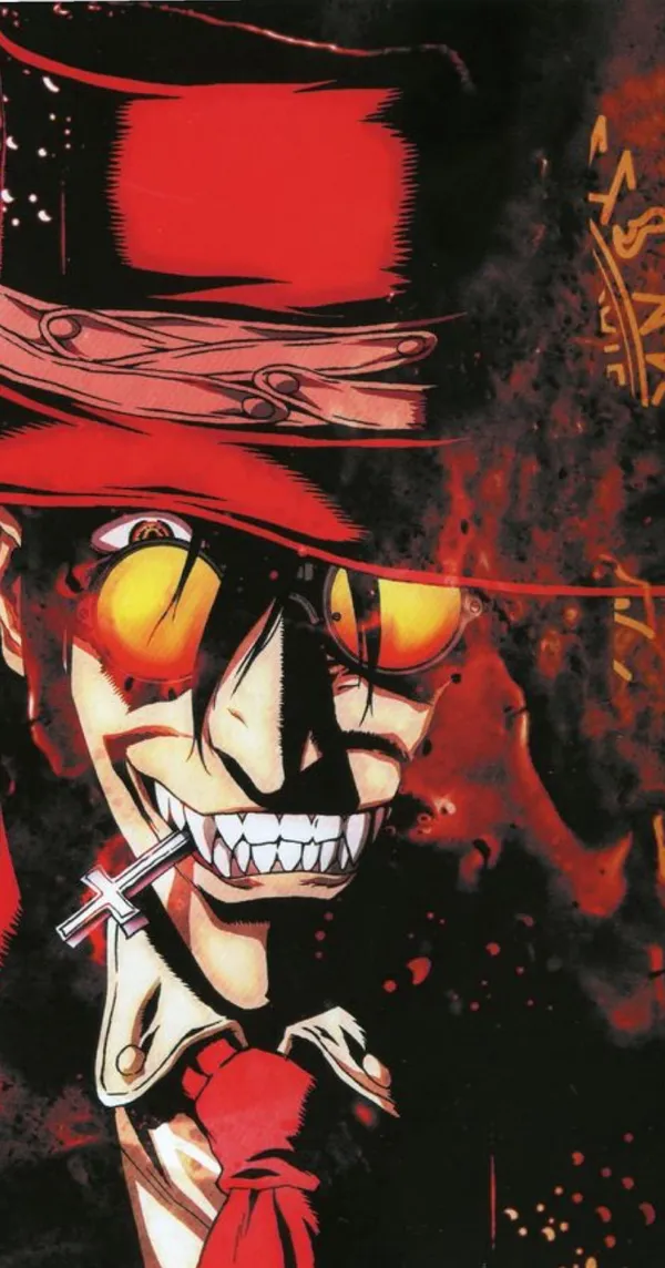 Man with red eyes, fangs, and a red hat is smiling