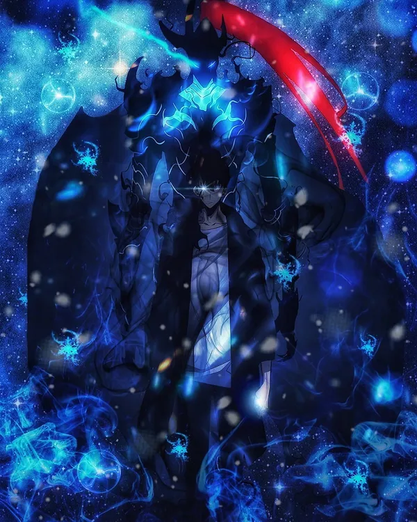Man with shadow figure with red eyes and blue aura