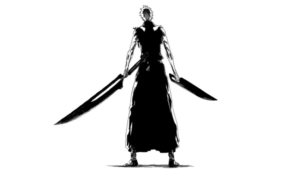 Man with two large swords facing away from the viewer